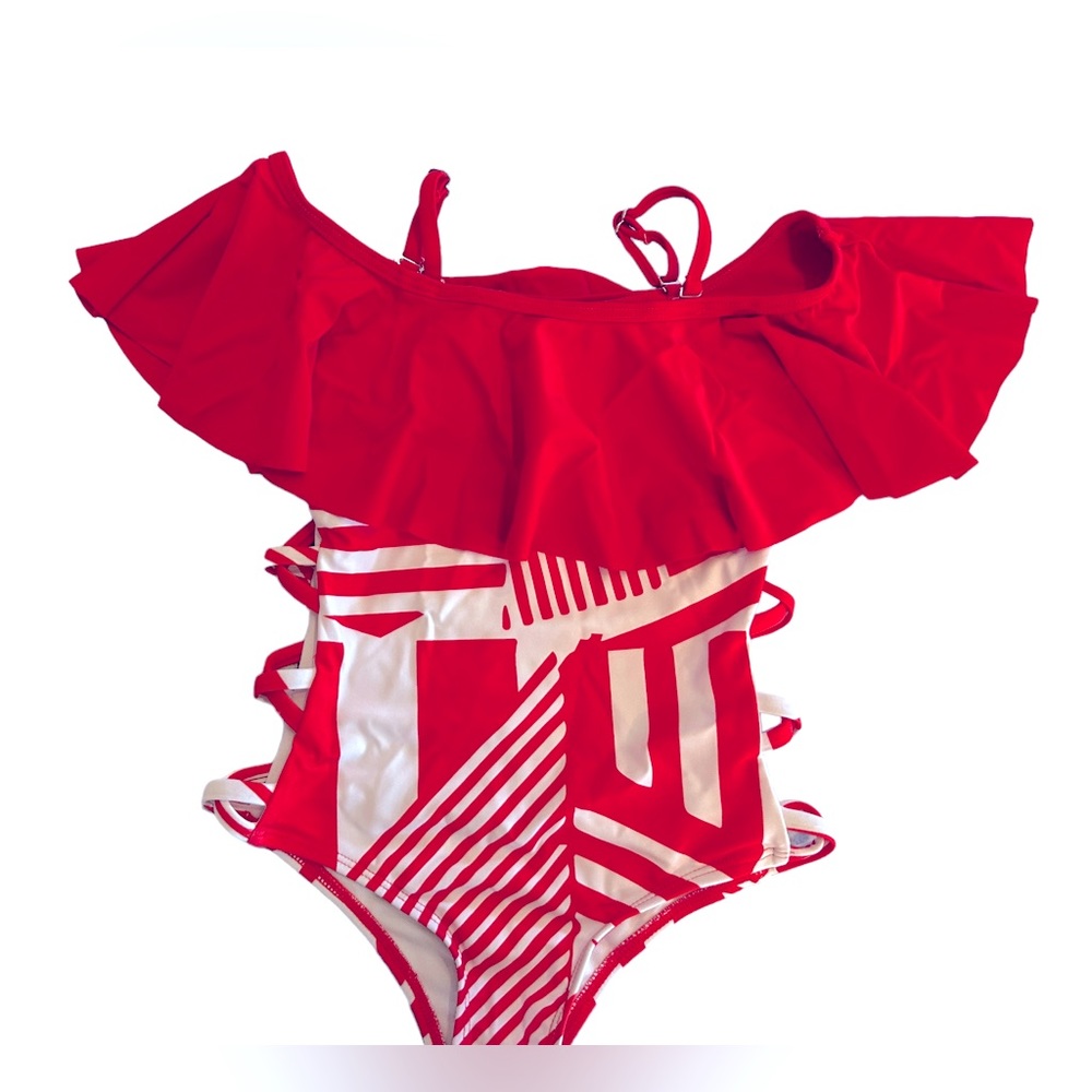 IFFEI Girls Red white one piece swimsuit front ruffled side cut out sz 4/5 NWT